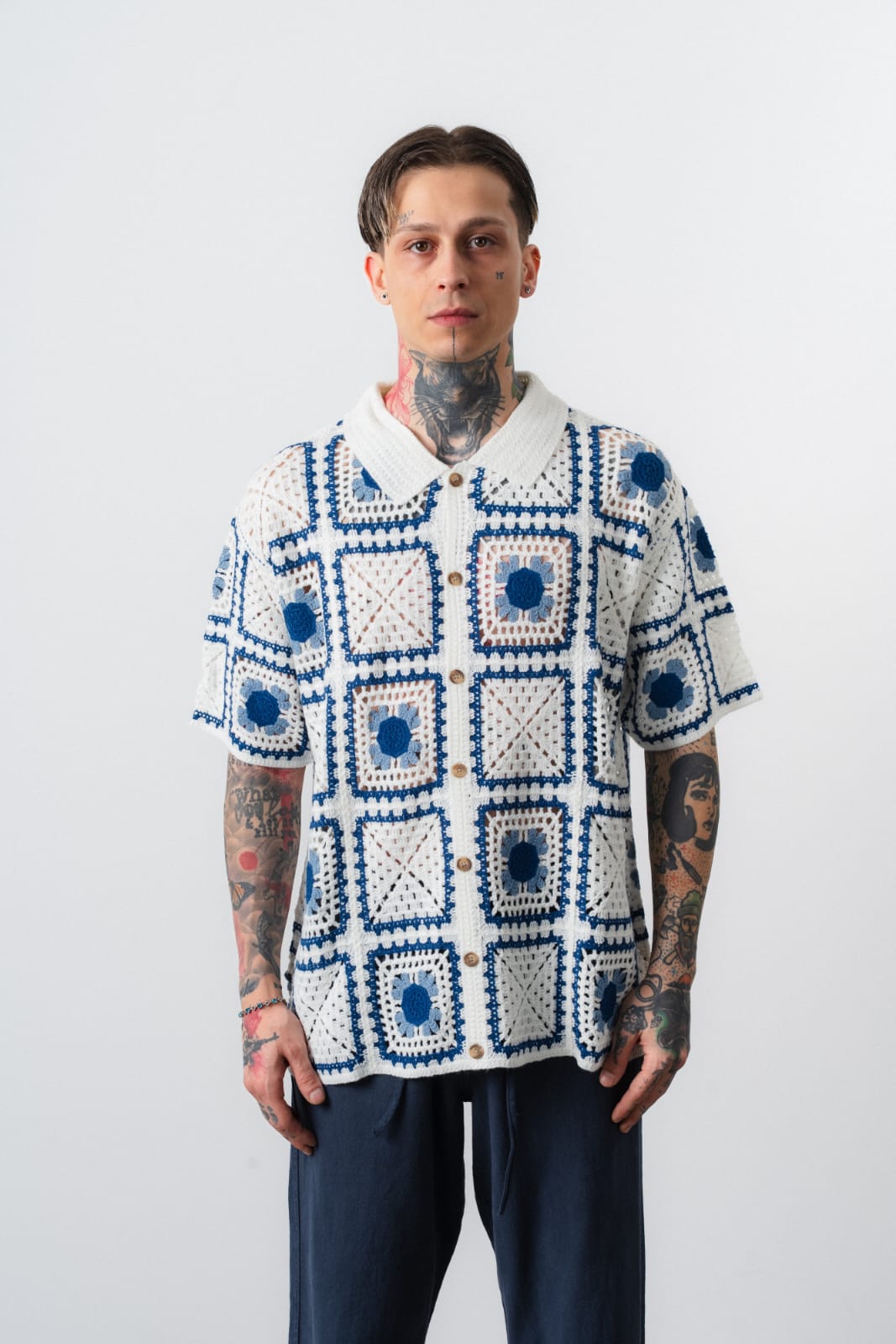 CHEMISE CROCHET - BEIGE/BLEU - Sakré Sun